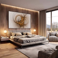 Quadro Decorativo Abstrato Elegante | quadros decorativos premium | Abstração geométrica com espiral dourada em tons bege e creme translúcidos | em ambiente 4 | Porao dos Quadros