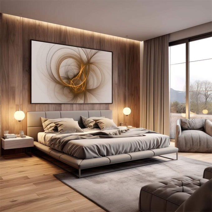 Quadro Decorativo Abstrato Elegante | quadros decorativos premium | Abstração geométrica com espiral dourada em tons bege e creme translúcidos | em ambiente 4 | Porao dos Quadros