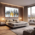 Quadro Decorativo Urbano Cinza e Amarelo | quadros decorativos premium | Skyline urbano em tons de cinza e dourado com reflexo em água em composição horizontal | em ambiente 4 | Porao dos Quadros