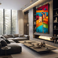 Quadro Decorativo Harmonia Rural Vibrante | quadros decorativos premium | Casarão rosa em paisagem abstrata com camadas de laranja, azul e vermelho vibrantes | em ambiente 4 | Porao dos Quadros