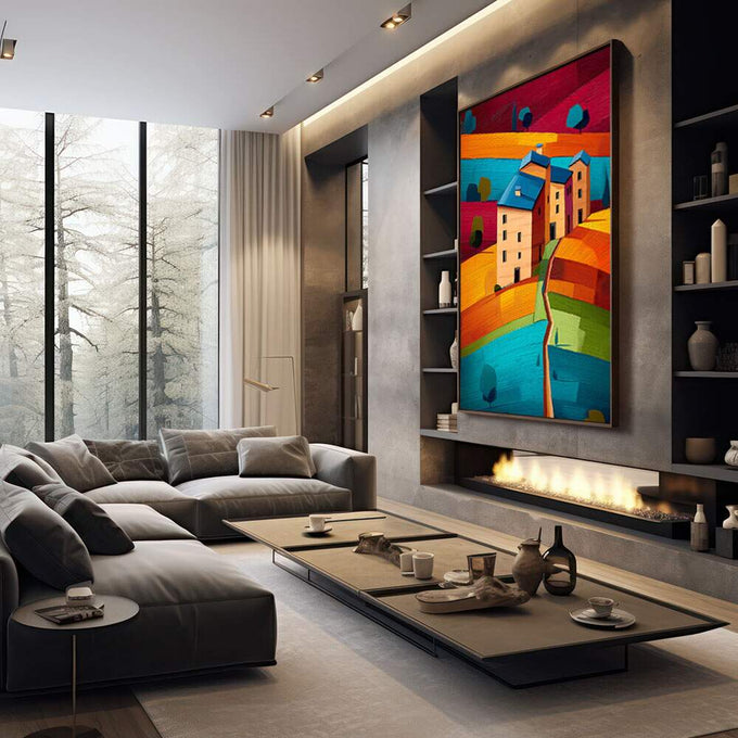 Quadro Decorativo Harmonia Rural Vibrante | quadros decorativos premium | Casarão rosa em paisagem abstrata com camadas de laranja, azul e vermelho vibrantes | em ambiente 4 | Porao dos Quadros