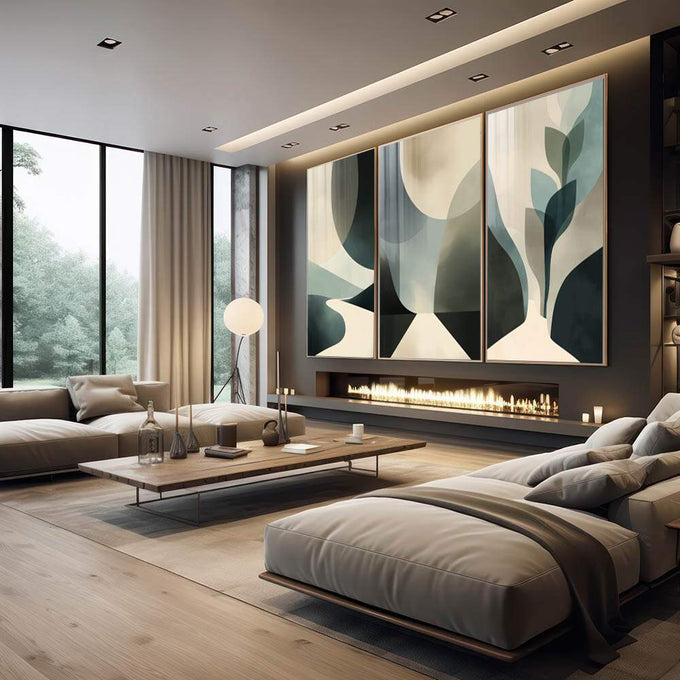 Quadro Decorativo Abstrato Serenidade Moderna | quadros decorativos premium | Triptíco abstrato com formas geométricas em bege, verde água e creme em composição fluida. | em ambiente 4 | Porao dos Quadros