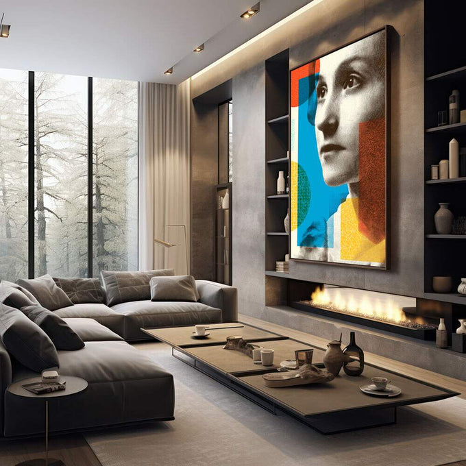 Quadro Decorativo Reflexo Monocromático Vibrante | quadros decorativos premium | Rosto feminino em cinza com formas geométricas em azul, laranja e amarelo vibrantes em composição moderna. | em ambiente 4 | Porao dos Quadros