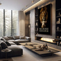 Quadro Decorativo Leão e Cordeiro | quadros decorativos premium | Leão dourado com cordeiro branco em composição realista sobre fundo preto com frase inspiradora | em ambiente 4 | Porao dos Quadros