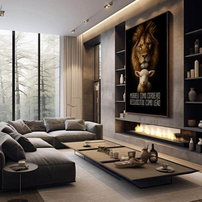 Quadro Decorativo Leão e Cordeiro | quadros decorativos premium | Leão dourado com cordeiro branco em composição realista sobre fundo preto com frase inspiradora | em ambiente 4 | Porao dos Quadros