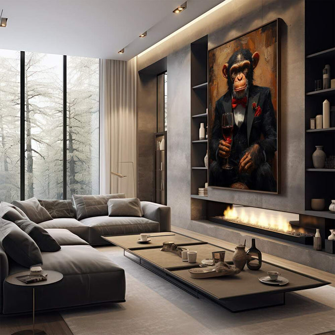 Quadro Decorativo Sofisticado Chimpanzé Elegante | quadros decorativos premium | Chimpanzé em smoking preto segurando taça de vinho com elegância humanizada | em ambiente 4 | Porao dos Quadros
