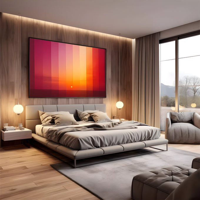 Pôr do sol sobre o mar em faixas verticais de rosa, laranja e vermelho, quadro decorativo
