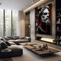 Quadro Decorativo Energia da Dualidade | quadros decorativos premium | Busto clássico em perfil com detalhes vermelhos em contraste preto e cinza | em ambiente 4 | Porao dos Quadros