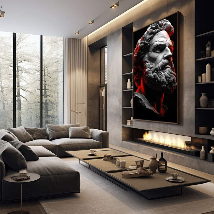 Quadro Decorativo Energia da Dualidade | quadros decorativos premium | Busto clássico em perfil com detalhes vermelhos em contraste preto e cinza | em ambiente 4 | Porao dos Quadros