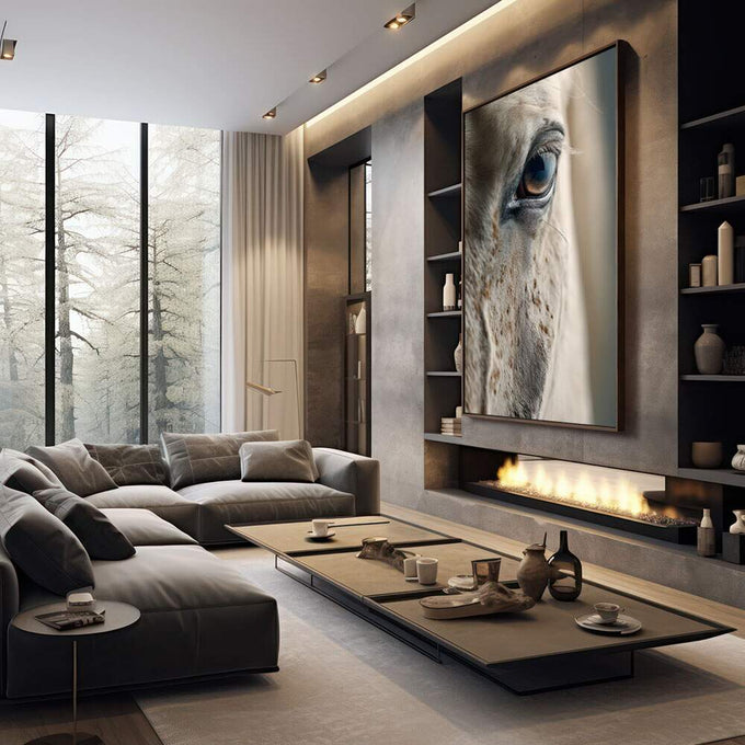 Quadro Decorativo Olhar do Cavalo | quadros decorativos premium | Rosto em preto e branco com iluminação lateral dramática destacando texturas e contraste | em ambiente 4 | Porao dos Quadros