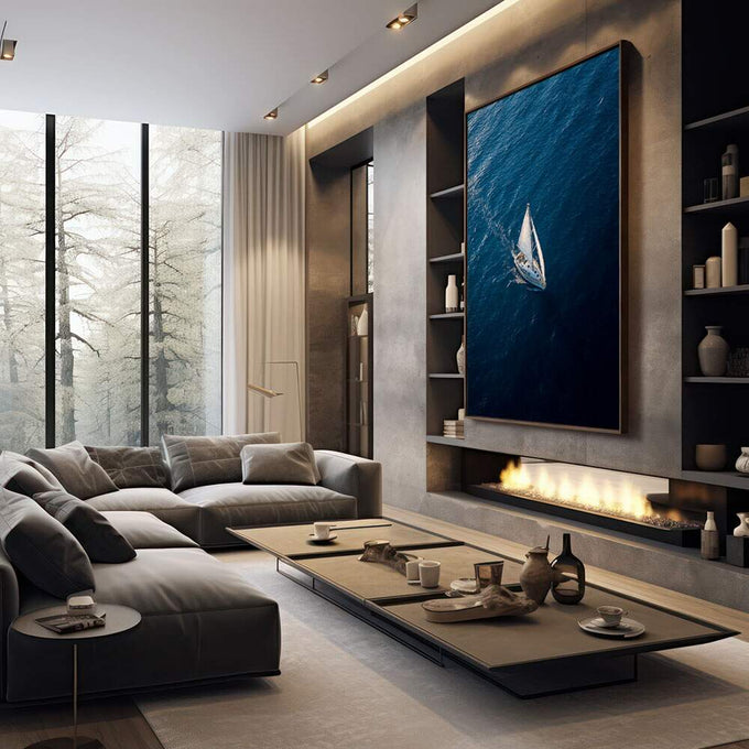 Quadro Decorativo Barco à Vela Serene | quadros decorativos premium | Veleiro branco em águas azuis profundas capturado de perspectiva aérea | em ambiente 4 | Porao dos Quadros