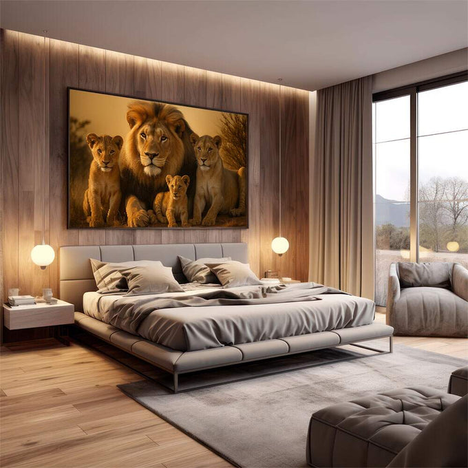 Quadro Decorativo Leão e Filhotes | quadros decorativos premium | Leão majestoso com leoa e filhotes em tons dourados e âmbar, composição realista em luz natural | em ambiente 4 | Porao dos Quadros