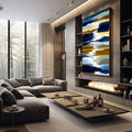 Quadro Decorativo Abstrato Serenidade em Cores | quadros decorativos premium | Pinceladas abstratas em azul profundo, dourado e branco em composição dinâmica vertical | em ambiente 4 | Porao dos Quadros