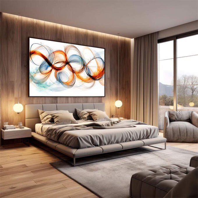 Quadro Decorativo Energia Abstrata | quadros decorativos premium | Formas abstratas fluidas em laranja, azul e neutro com composição de movimento e transparência | em ambiente 4 | Porao dos Quadros