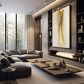 Quadro Decorativo Luxo Ondas Douradas | quadros decorativos premium | Figura feminina abstrata em aquarela com tons bege e dourado fluindo pelo papel branco. | em ambiente 4 | Porao dos Quadros