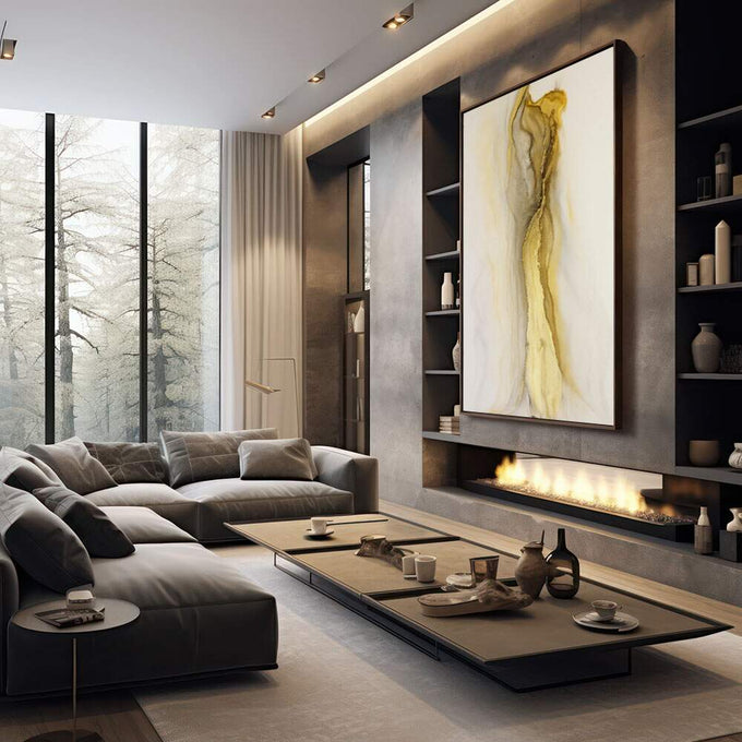 Quadro Decorativo Luxo Ondas Douradas | quadros decorativos premium | Figura feminina abstrata em aquarela com tons bege e dourado fluindo pelo papel branco. | em ambiente 4 | Porao dos Quadros