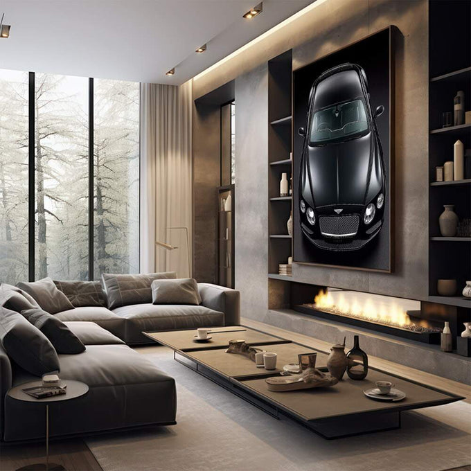 Quadro Decorativo Carro Luxo - Elegância em Preto | quadros decorativos premium | Bentley preto em vista superior com detalhe dos cromados e luz dramática. | em ambiente 4 | Porao dos Quadros