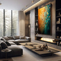 Quadro Decorativo Laranja e Verde Sofisticado | quadros decorativos premium | Pintura abstrata com degradê de laranja queimado, dourado e verde esmeralda profundo com traços verticais. | em ambiente 4 | Porao dos Quadros