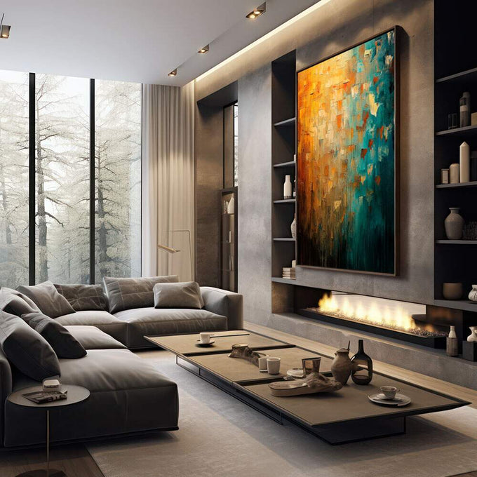 Quadro Decorativo Laranja e Verde Sofisticado | quadros decorativos premium | Pintura abstrata com degradê de laranja queimado, dourado e verde esmeralda profundo com traços verticais. | em ambiente 4 | Porao dos Quadros