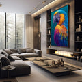Quadro Decorativo Papagaio Colorido | quadros decorativos premium | Arara vibrante com plumas em azul, amarelo, roxo e laranja sobre fundo azul profundo em estilo realista. | em ambiente 4 | Porao dos Quadros