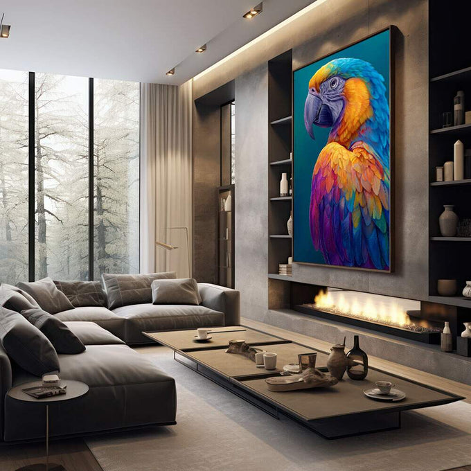 Quadro Decorativo Papagaio Colorido | quadros decorativos premium | Arara vibrante com plumas em azul, amarelo, roxo e laranja sobre fundo azul profundo em estilo realista. | em ambiente 4 | Porao dos Quadros
