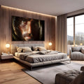 Close realista do rosto de Jesus com olhar intenso, barba e cabelos longos em luz e sombra, quadro decorativo