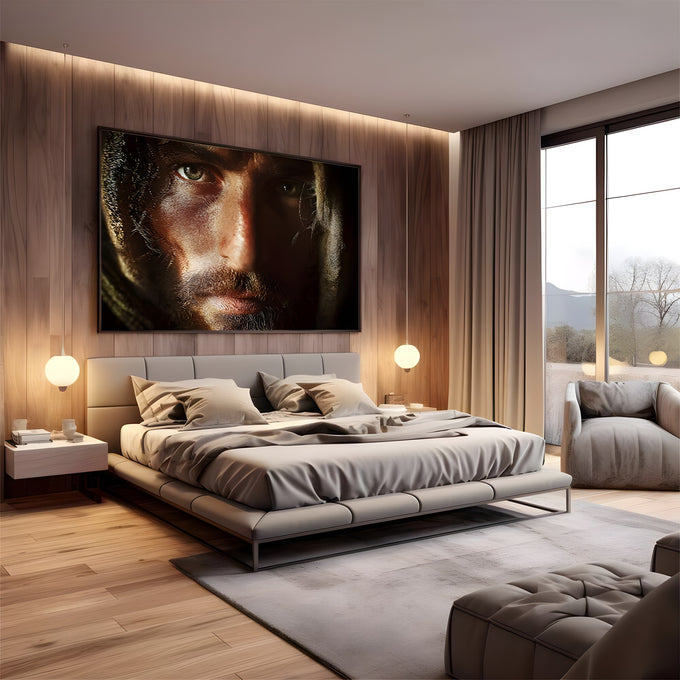 Close realista do rosto de Jesus com olhar intenso, barba e cabelos longos em luz e sombra, quadro decorativo