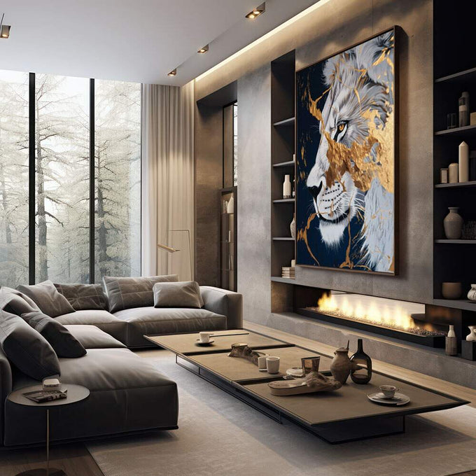 Quadro Decorativo Leão Dourado Majestoso | quadros decorativos premium | Leão majestoso em perfil com juba em tons de preto, branco e dourado em composição realista | em ambiente 4 | Porao dos Quadros