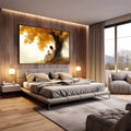 Quadro Decorativo Serenidade em Cores | quadros decorativos premium | Mulher contemplativa sob árvore com folhas douradas em tons quentes e brancos | em ambiente 4 | Porao dos Quadros