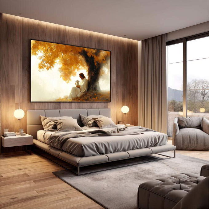 Quadro Decorativo Serenidade em Cores | quadros decorativos premium | Mulher contemplativa sob árvore com folhas douradas em tons quentes e brancos | em ambiente 4 | Porao dos Quadros