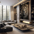Quadro Decorativo Leão Majestoso | quadros decorativos premium | Leão majestoso em preto e branco com olhar penetrante em composição realista frontal. | em ambiente 4 | Porao dos Quadros