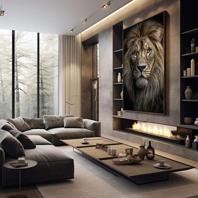 Quadro Decorativo Leão Majestoso | quadros decorativos premium | Leão majestoso em preto e branco com olhar penetrante em composição realista frontal. | em ambiente 4 | Porao dos Quadros