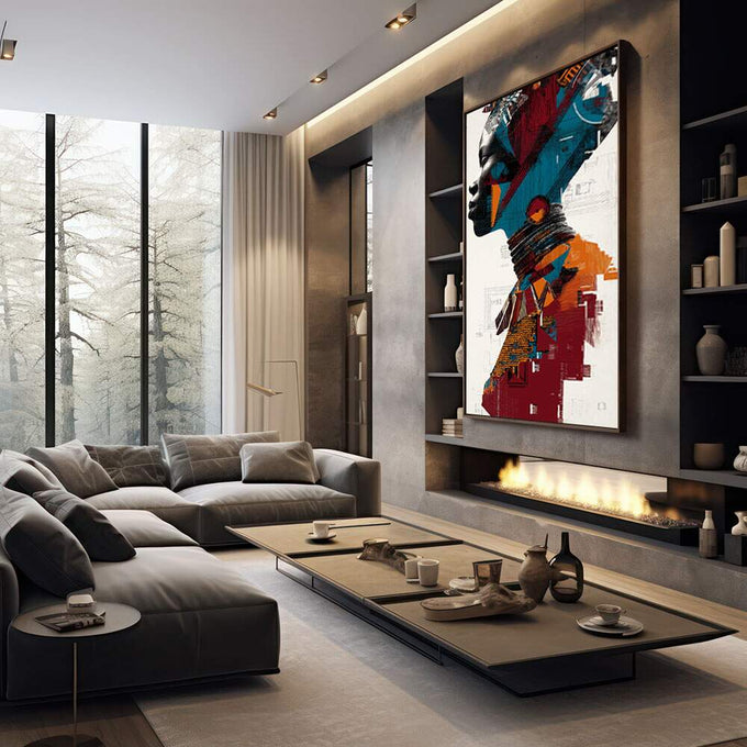 Quadro Decorativo Silhueta Feminina Vibrante | quadros decorativos premium | Perfil feminino em dupla exposição com arquitetura urbana em tons azul, vermelho e laranja. | em ambiente 4 | Porao dos Quadros