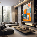 Quadro Decorativo Contemplação Geométrica | quadros decorativos premium | Mulher contemplativa em preto e branco com sobreposição de formas geométricas laranja e azul vibrantes. | em ambiente 4 | Porao dos Quadros