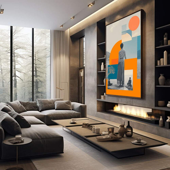 Quadro Decorativo Contemplação Geométrica | quadros decorativos premium | Mulher contemplativa em preto e branco com sobreposição de formas geométricas laranja e azul vibrantes. | em ambiente 4 | Porao dos Quadros