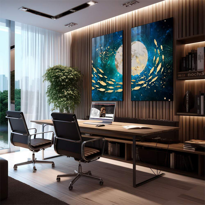 Quadro Decorativo Arte Cósmica Peixes Estelares - Encante-se | quadros decorativos premium | Lua branca com peixes dourados em movimento entre águas azul profundo e noturno | em ambiente 4 | Porao dos Quadros