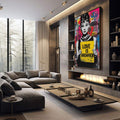 Quadro Decorativo Love é a Resposta | quadros decorativos premium | Mulher em preto e branco com cartaz amarelo 'Love is Answer' em fundo pop art colorido com magenta, azul e padrões abstratos. | em ambiente 4 | Porao dos Quadros