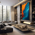 Quadro Decorativo Fluid Art Vibrante | quadros decorativos premium | Ondas abstratas em papel recortado com laranja, amarelo e azul em composição fluida e profunda. | em ambiente 4 | Porao dos Quadros