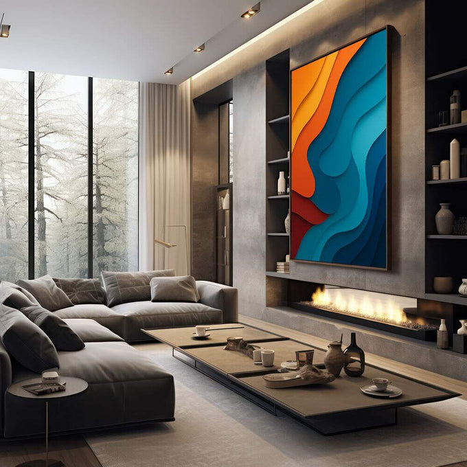 Quadro Decorativo Fluid Art Vibrante | quadros decorativos premium | Ondas abstratas em papel recortado com laranja, amarelo e azul em composição fluida e profunda. | em ambiente 4 | Porao dos Quadros