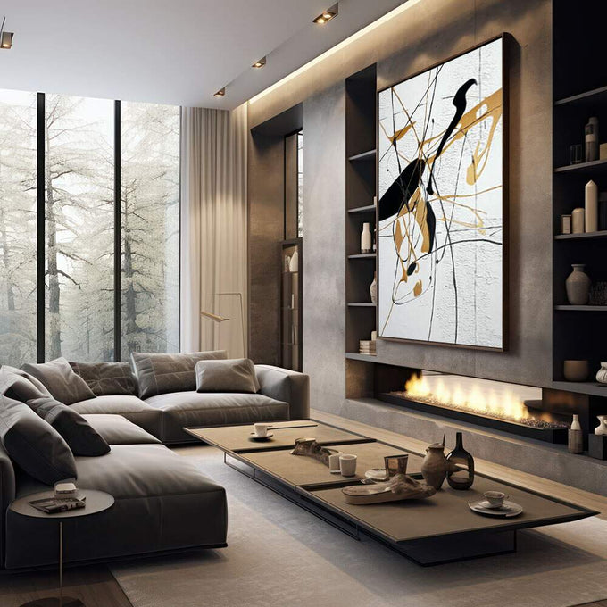Quadro Decorativo Traços de Ouro | quadros decorativos premium | Composição abstrata com formas preto e dourado entrelaçadas em linhas geométricas dinâmicas. | em ambiente 4 | Porao dos Quadros