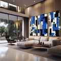 Quadro Decorativo Geométrico Abstrato - Três Painéis Modernos | quadros decorativos premium | Triptco com composição geométrica abstrata em azul, preto e branco com círculos e linhas | em ambiente 4 | Porao dos Quadros