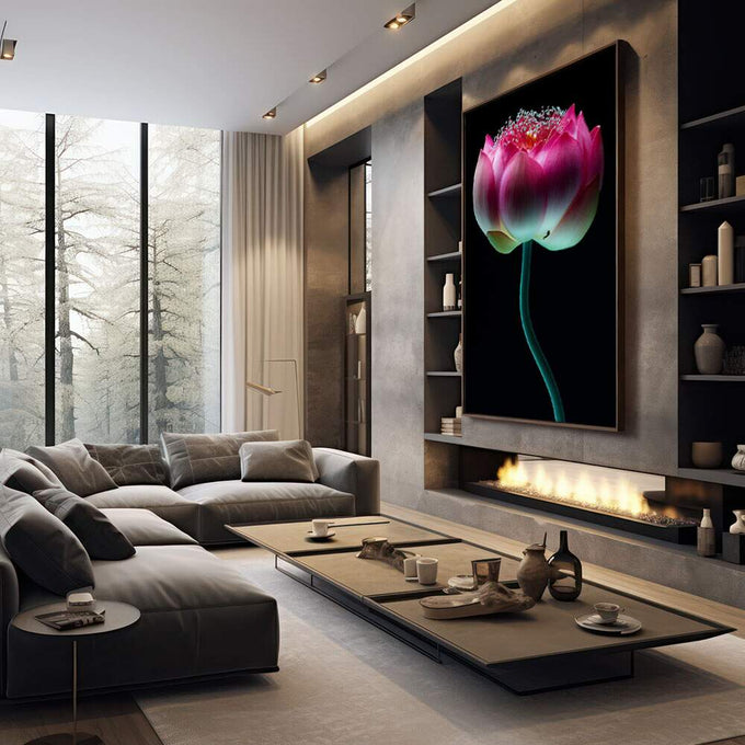 Quadro Decorativo Lótus Rosa Serenidade | quadros decorativos premium | Flor de lótus rosa com pétalas em degradê ciano brilhante contra fundo preto absoluto | em ambiente 4 | Porao dos Quadros