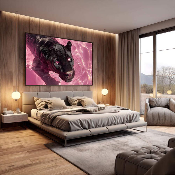 Quadro Decorativo Pantera Rosa Impactante | quadros decorativos premium | Pantera preta com olhos rosa em águas rosa-neon luminosas | em ambiente 4 | Porao dos Quadros