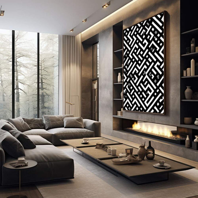 Quadro Decorativo Labirinto Preto e Branco | quadros decorativos premium | Padrão geométrico abstrato em preto e branco com linhas entrelaçadas e movimento visual contínuo | em ambiente 4 | Porao dos Quadros