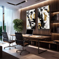 Quadro Decorativo Clássico e Moderno | quadros decorativos premium | Dois perfis abstratos em preto e branco com sobreposição geométrica em tons dourados. | em ambiente 4 | Porao dos Quadros