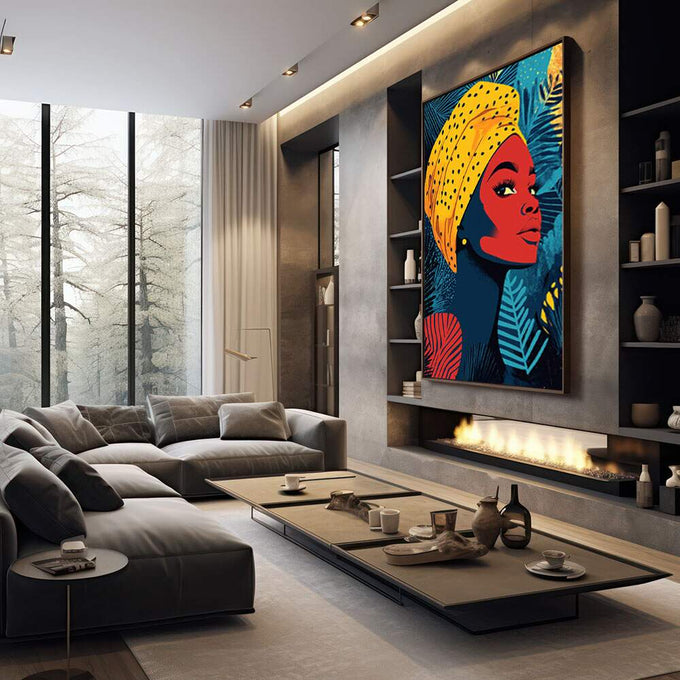 Quadro Decorativo Empoderamento Feminino em Cores Vibrantes | quadros decorativos premium | Mulher africana com turbante laranja, rosto vermelho, folhas azuis e douradas ao fundo. | em ambiente 4 | Porao dos Quadros