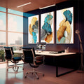Quadro Decorativo Arte Contemporânea Ginkgo: Inspiração Única | quadros decorativos premium | Tríptico com folhas de ginkgo em azul, dourado e cinza com detalhes em ouro fino. | em ambiente 4 | Porao dos Quadros