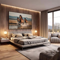 Quadro Decorativo Cavalos Galopando Livres | quadros decorativos premium | Três cavalos selvagens em galope pela água com luz dourada ao fundo montanhoso. | em ambiente 4 | Porao dos Quadros