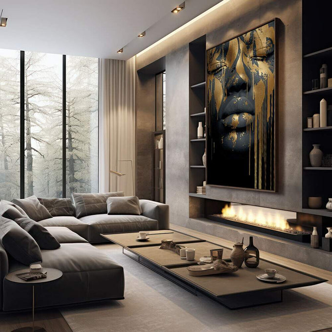 Quadro Decorativo Oro e Serenidade | quadros decorativos premium | Rosto feminino em preto com detalhes em dourado, estilo digital art contemporâneo | em ambiente 4 | Porao dos Quadros
