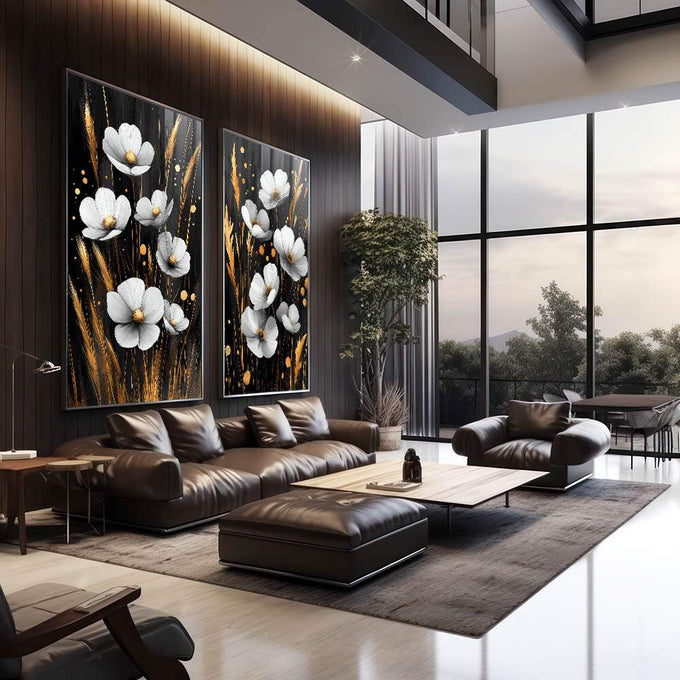 Quadro Decorativo Dupla Magnífica de Flores  Um Toque de Natureza | quadros decorativos premium | Flores brancas com estames dourados em hastes contra fundo preto profundo, composição equilibrada em 2 telas | em ambiente 4 | Porao dos Quadros